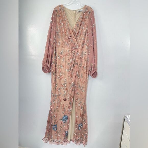 Mac Duggal 93755 Floral Beaded Surplice V-Neck Long Balloon Sleeve Gown, Size 16 - Picture 2 of 16